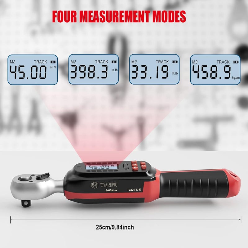 VANPO 3/8 Inch Digital Torque Wrench with Preset Values, 2.2-44.3 Ft-lbs/3-60Nm, Buzzer and LED Notification, Small Electronic Torque Wrench for Motorcycles - Image 3